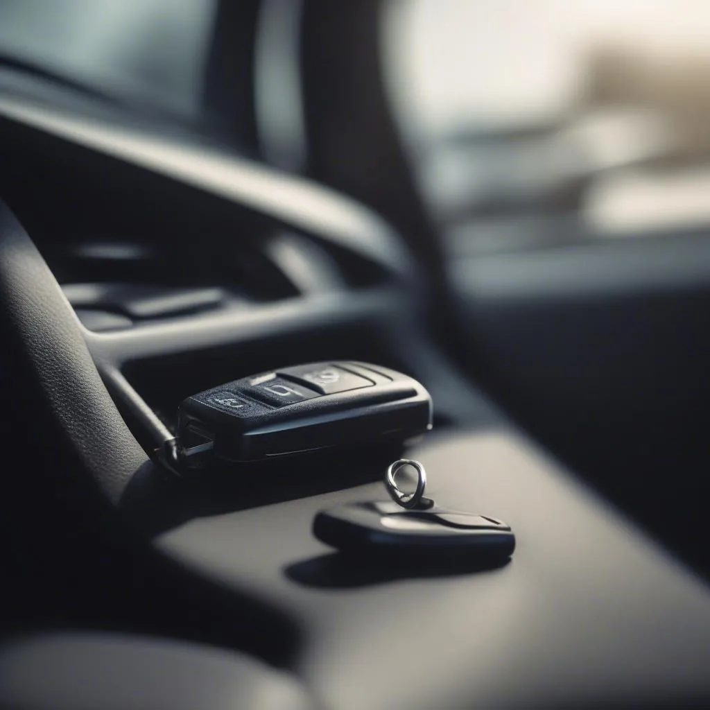 Car Key with Remote and Car on Background