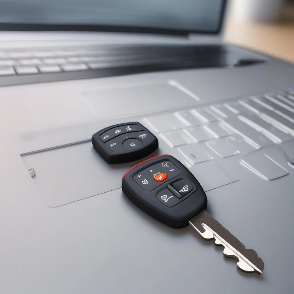 Car key with remote on a laptop showing remote programming services