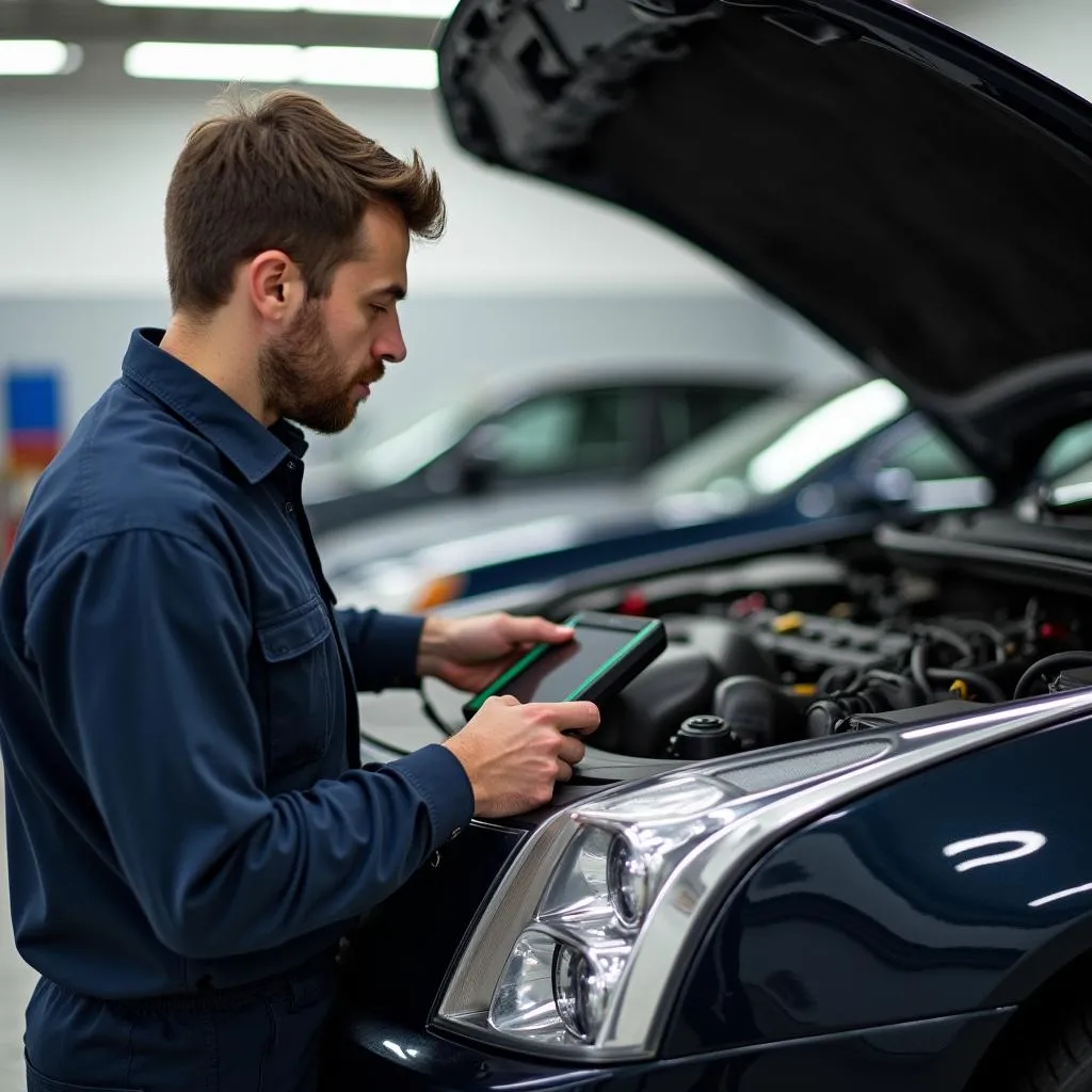 Car mechanic using diagnostic tool on a Cadillac DeVille