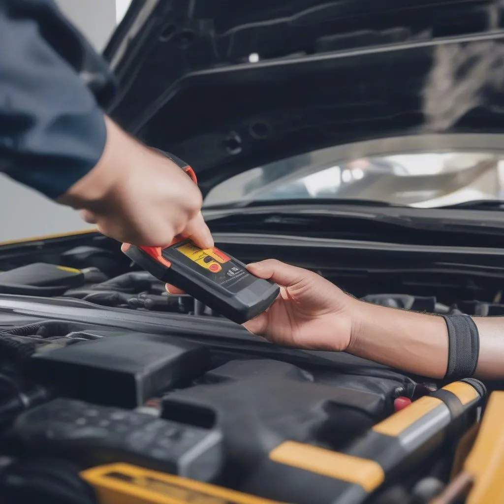 Car Mechanic Using Diagnostic Scanner On Vehicle