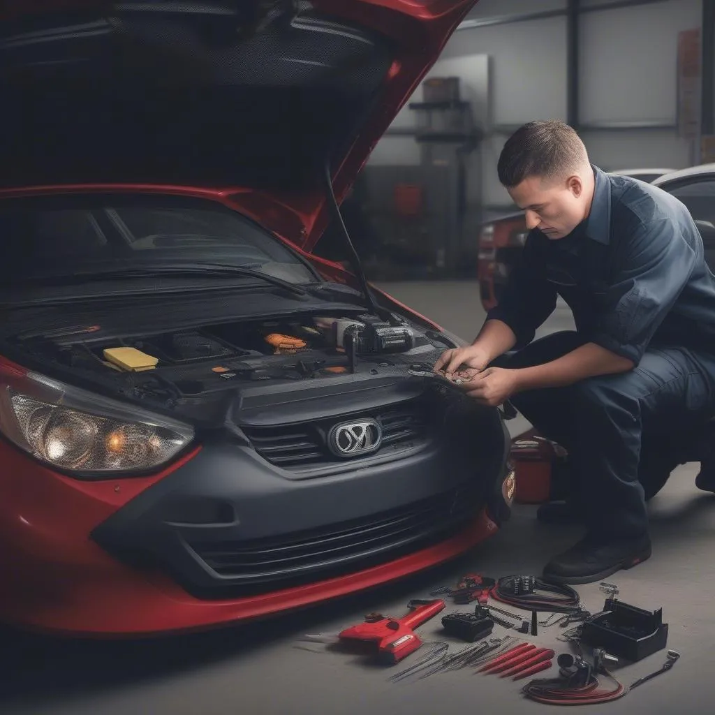 Mechanic using a diagnostic tool on a car