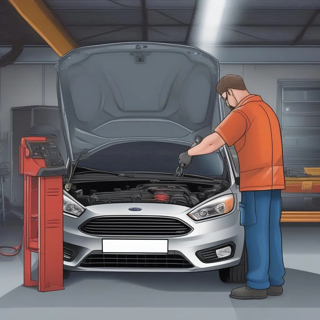 Mechanic using a diagnostic tool on a Ford Focus