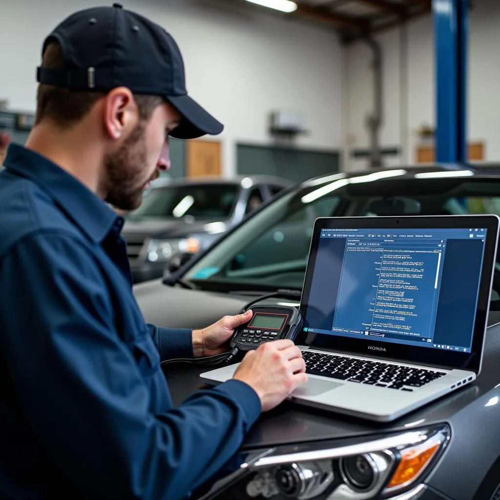 Mechanic using a diagnostic tool on a Honda Accord