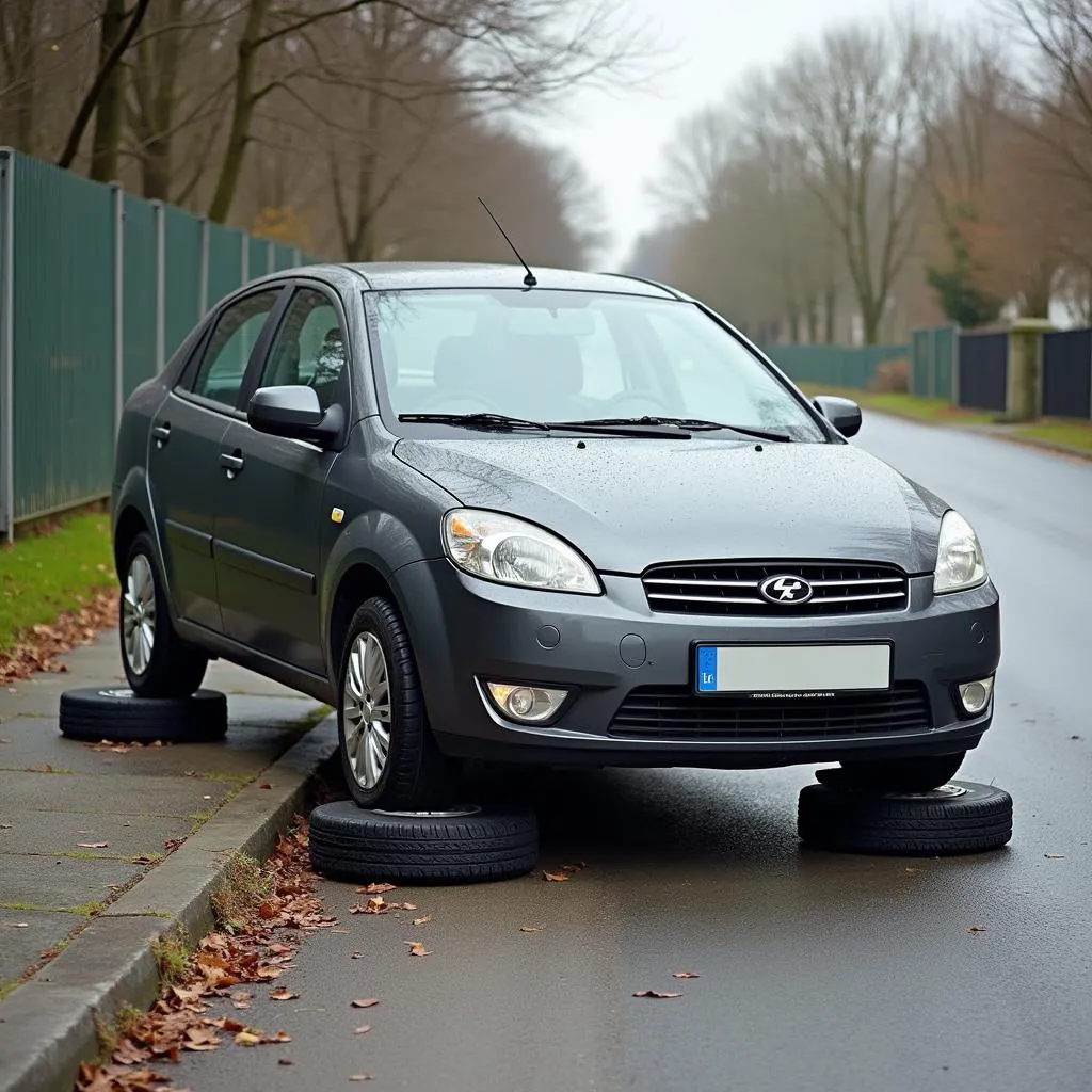 Car on blocks with missing wheels