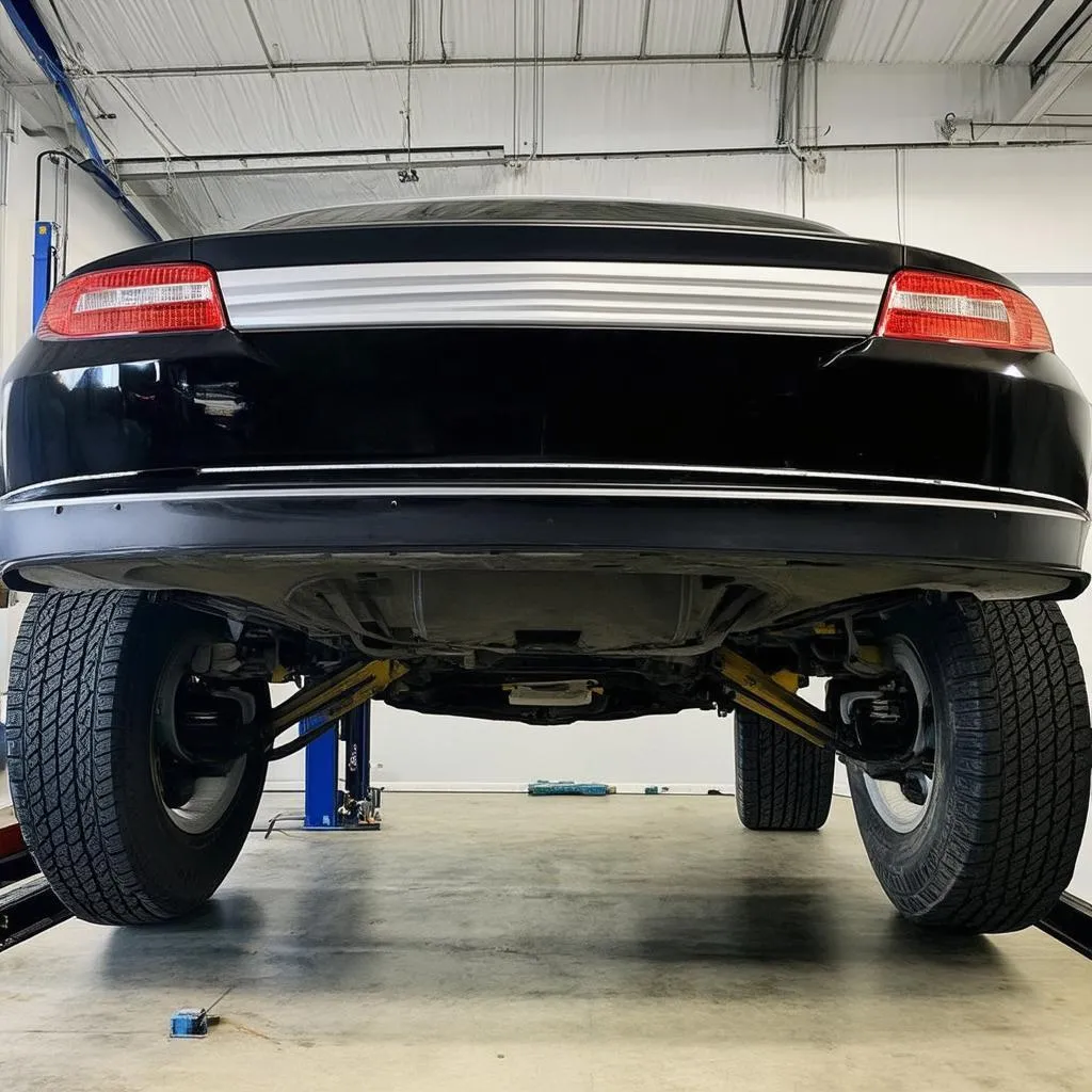 Car on a lift in a workshop.