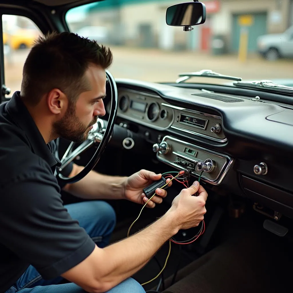 Installing a car radio in a vintage Ford.