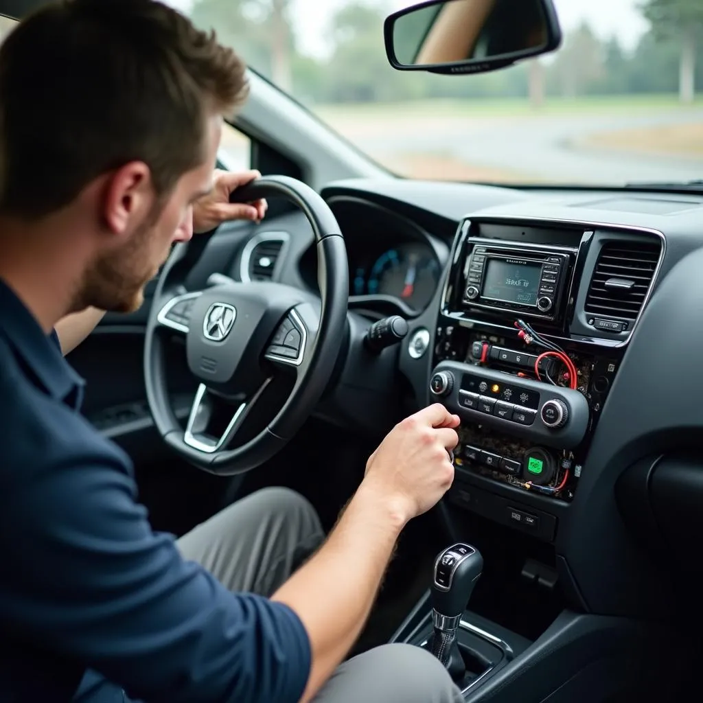 Car radio installation by a professional technician