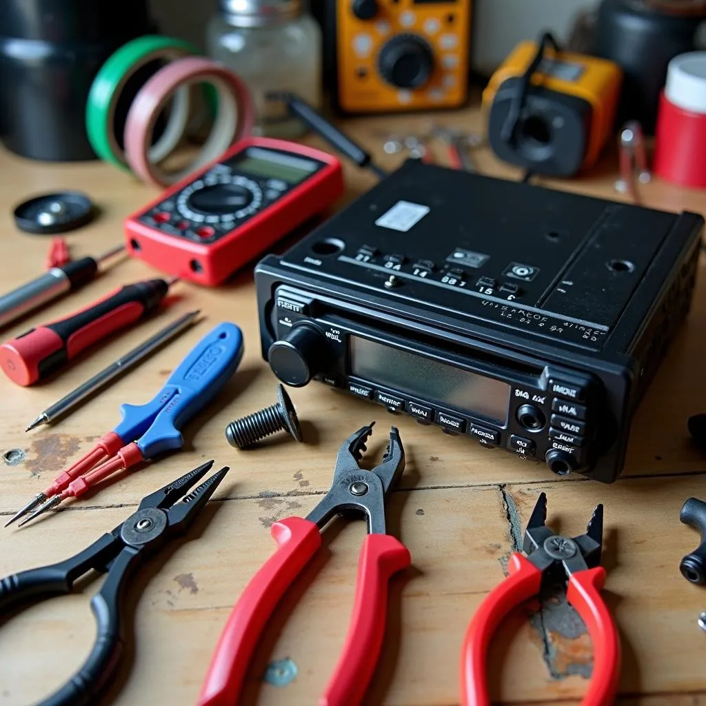 Car radio installation tools arranged neatly on a workbench