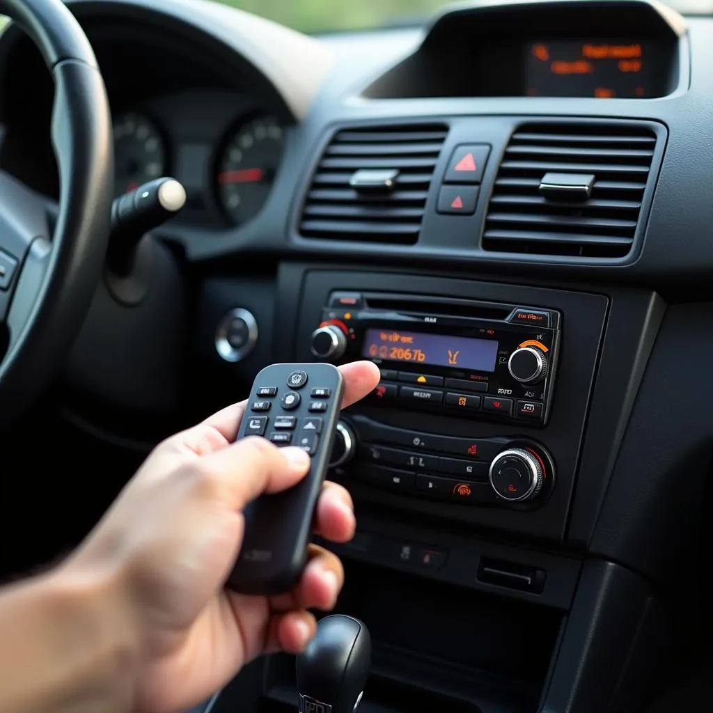 Hand holding a car radio remote control