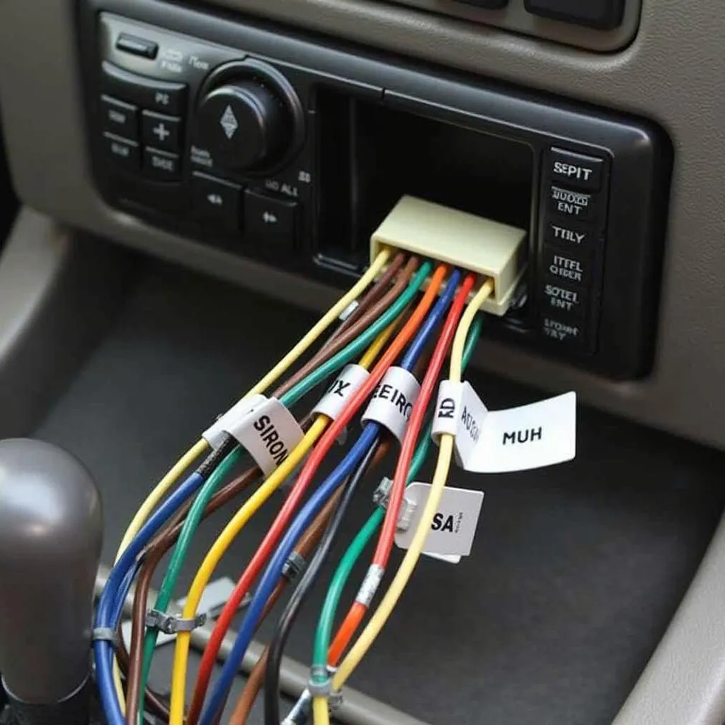 Car radio wiring harness with labeled wires.