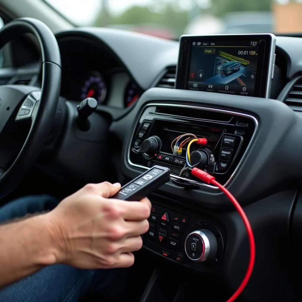 Professional installation of a car radio with backup camera and Bluetooth in progress.