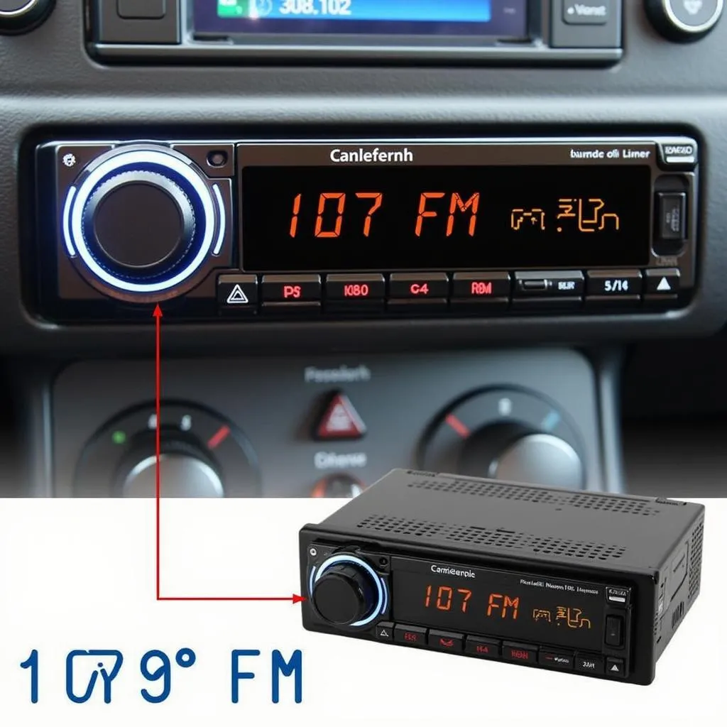 Car radio displaying FM transmitter frequency