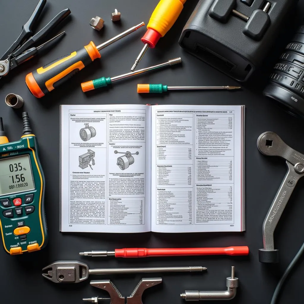 Mechanic's tools and car repair manual