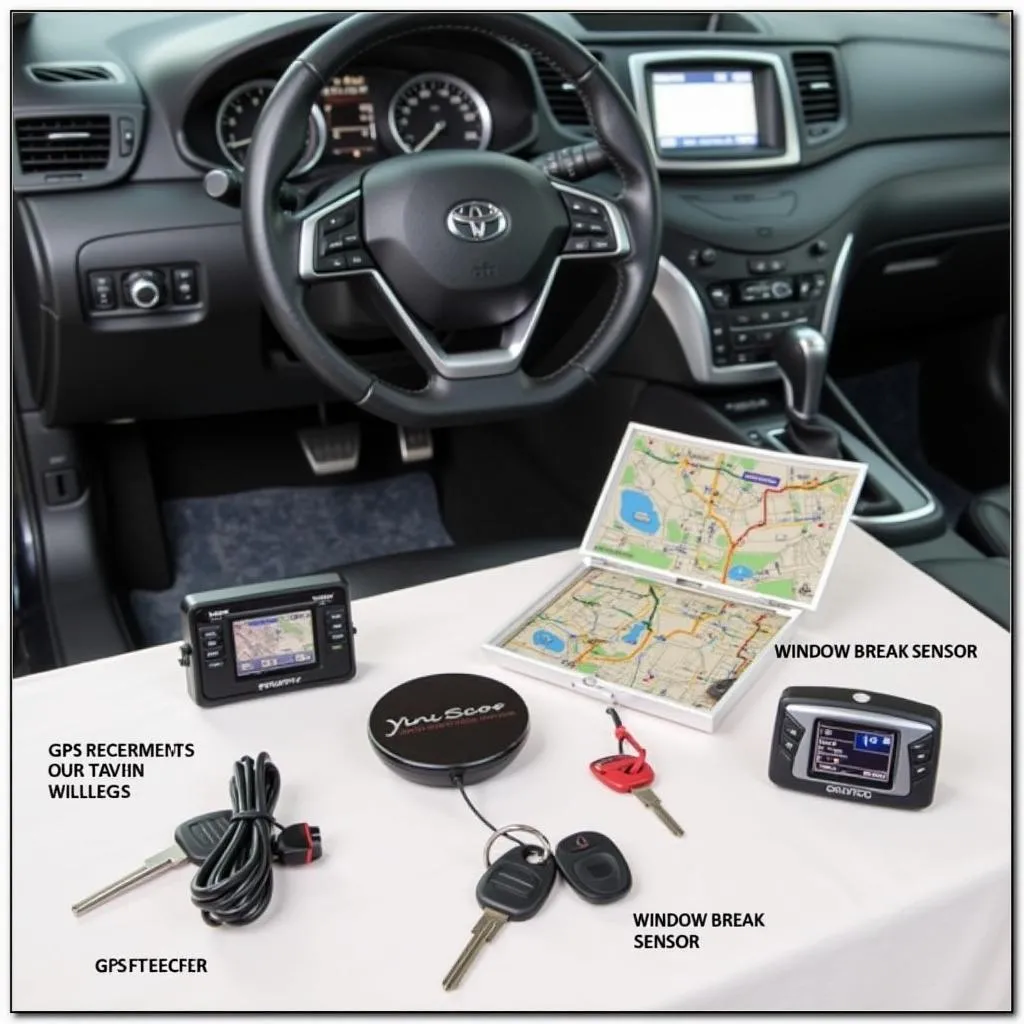 Car theft prevention tools like steering wheel lock and GPS tracker