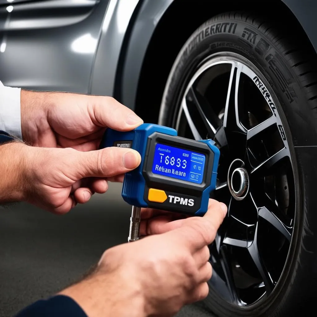 Mechanic using a TPMS relearn tool on a Mercedes car