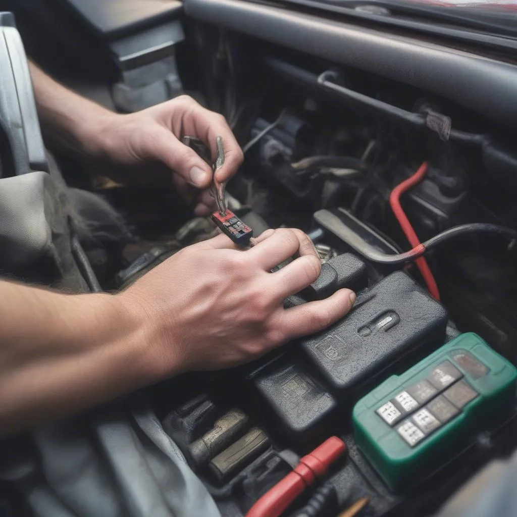 Mechanic inspecting fuses in a Ford Ranger