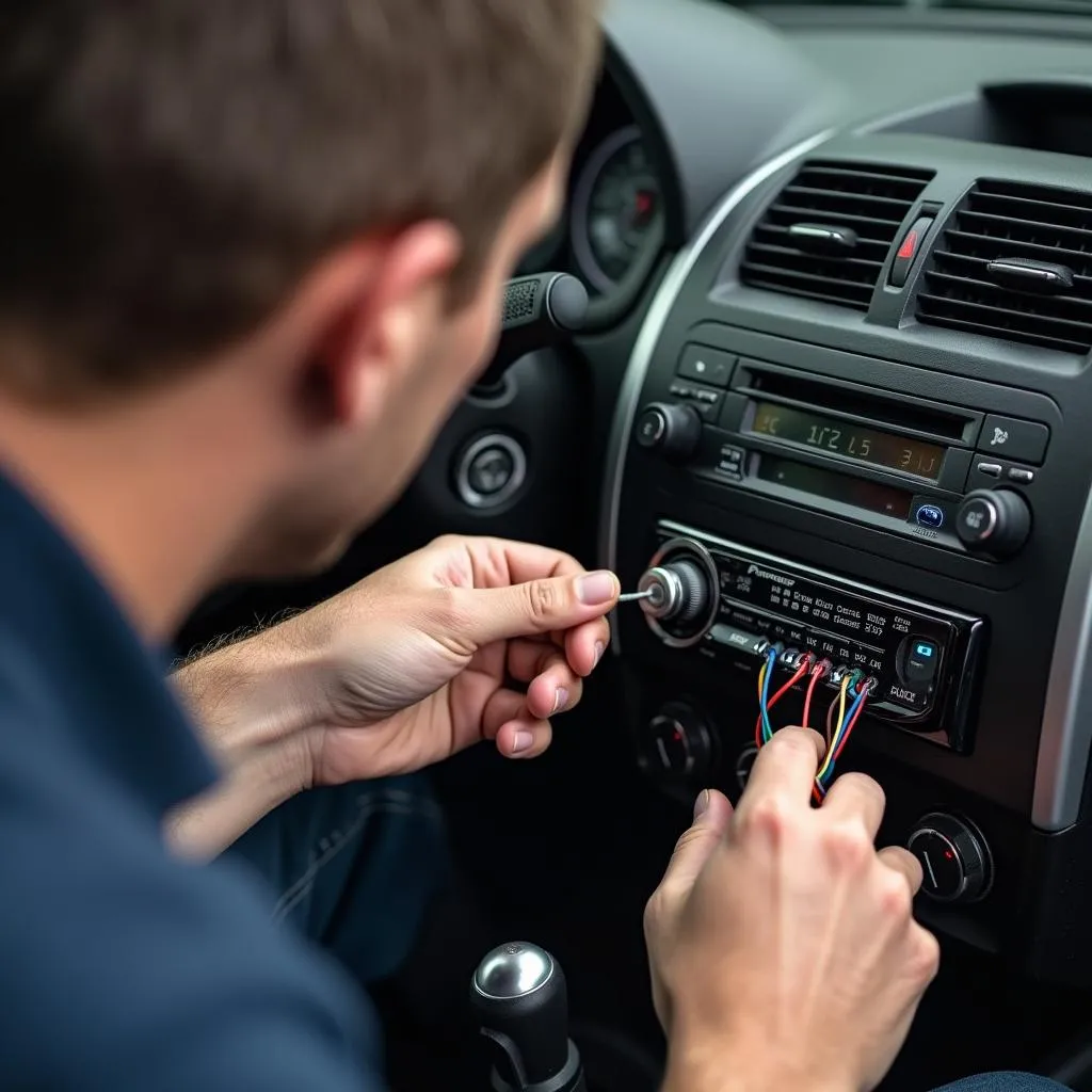 Technician connecting car speaker wires to the back of a Pioneer head unit