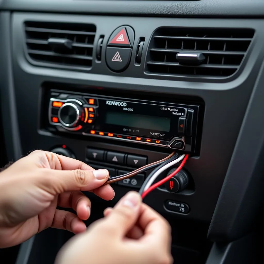 A technician connecting car speakers to a Kenwood car radio