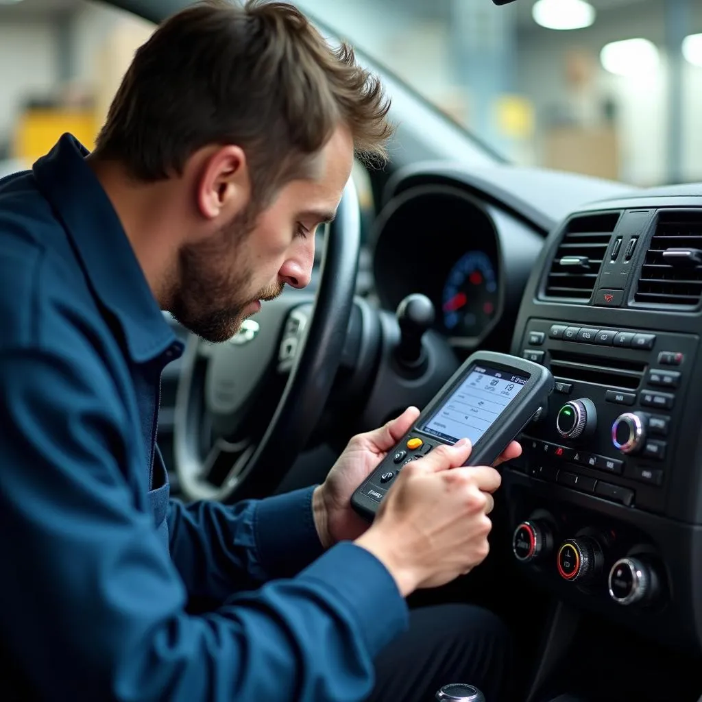 Mechanic using a diagnostic tool on a car radio