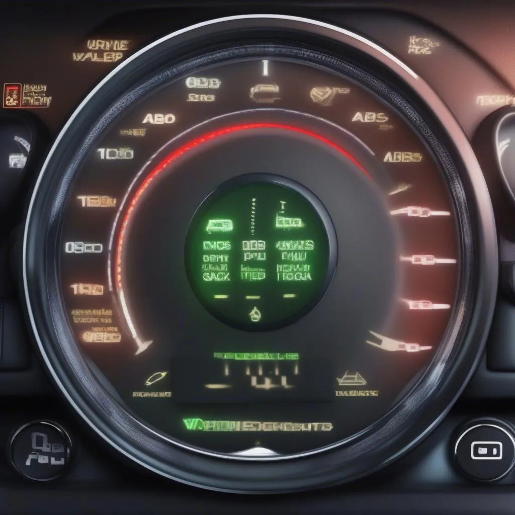 Car dashboard with warning lights illuminated