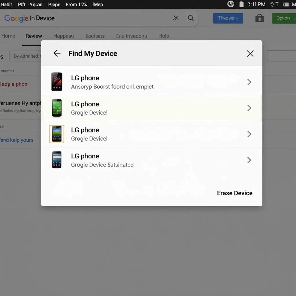 Google Find My Device interface with LG phone selected