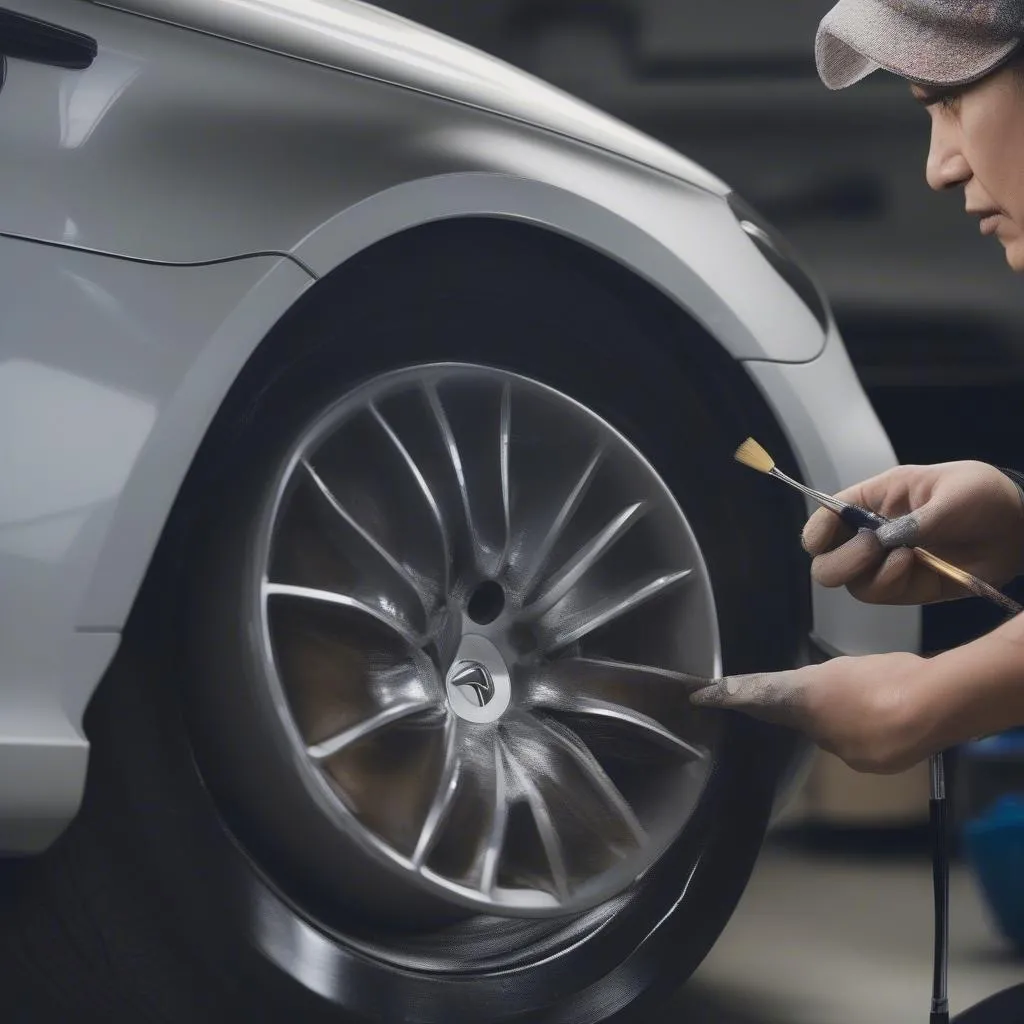 Applying touch-up paint to a Mercedes wheel.