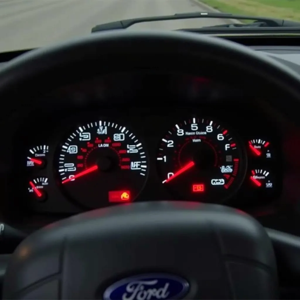 Ford F150 dashboard with warning lights illuminated