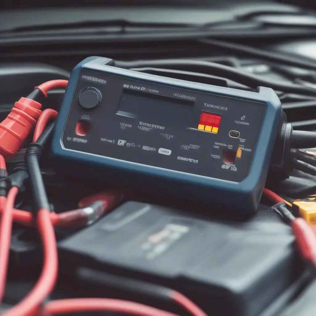 Car battery connected to multimeter showing low voltage