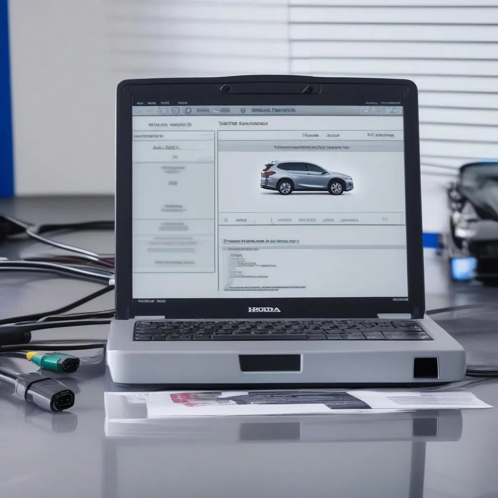 Professional automotive diagnostic scanner plugged into a laptop, used for troubleshooting a Honda vehicle's electrical system