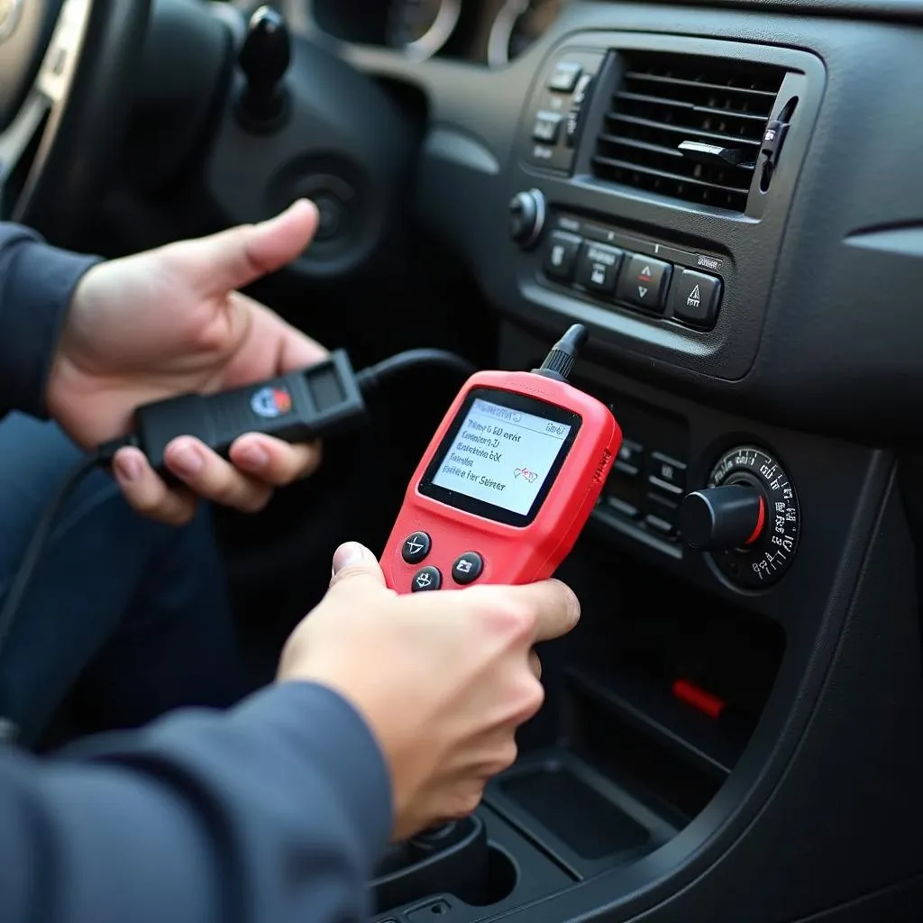 Car diagnostic tool connected to a car