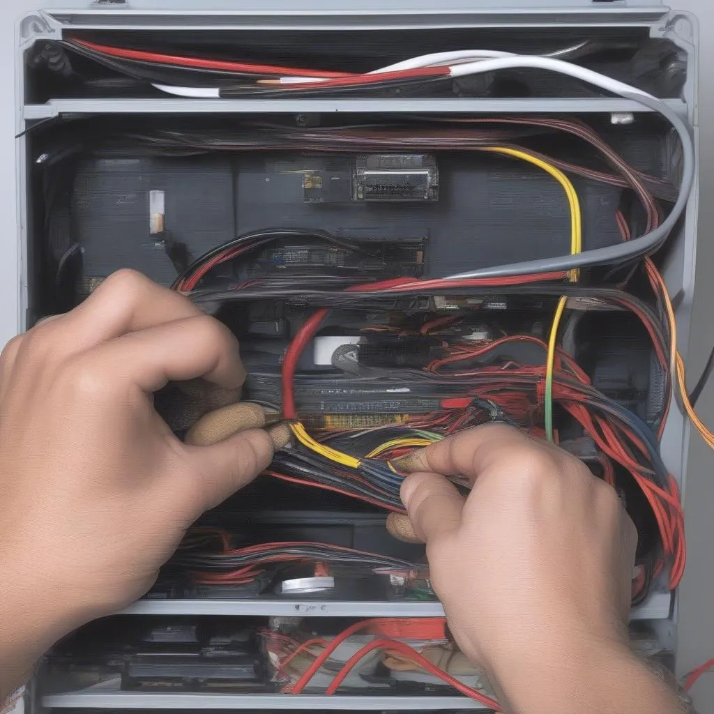 A close-up view of a person's hands inspecting the wiring harness under the dashboard of a 2002 Mercury Cougar