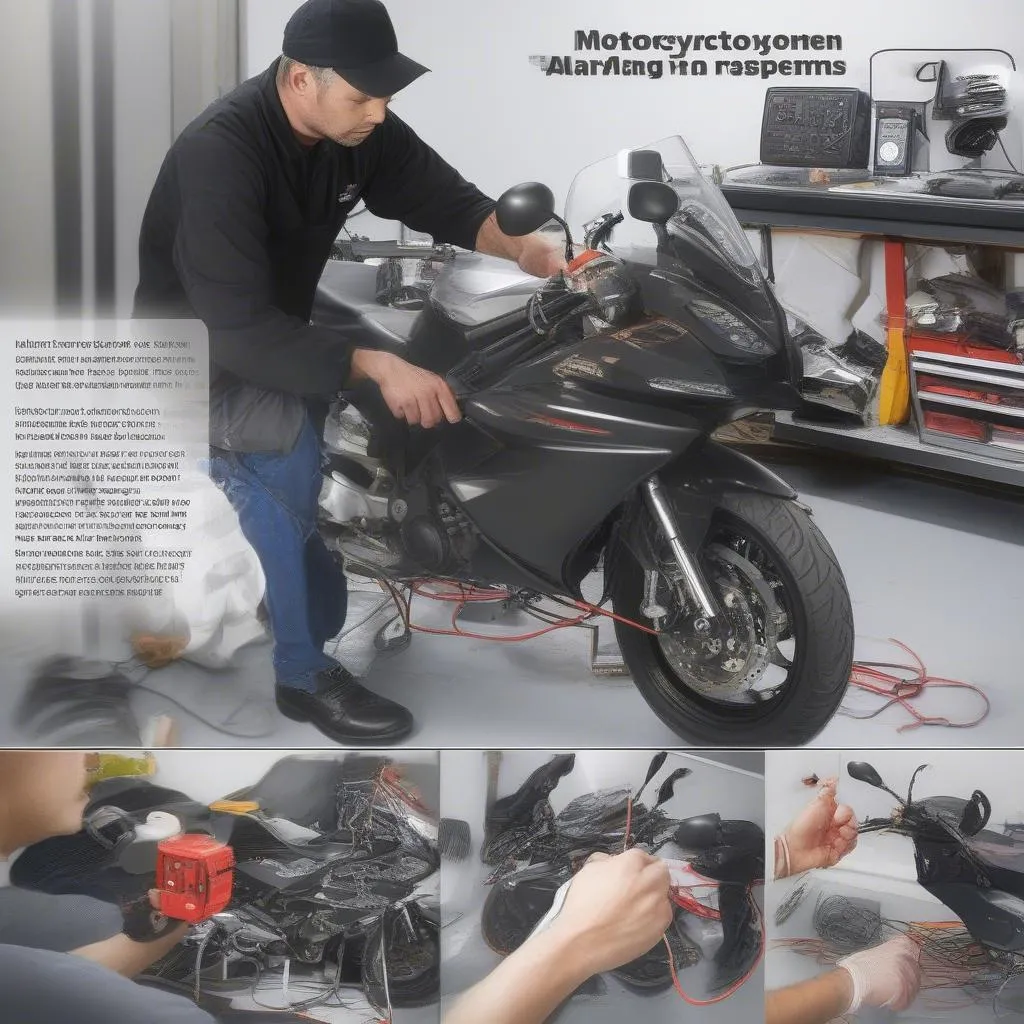 A mechanic installing an aftermarket alarm system on a motorcycle