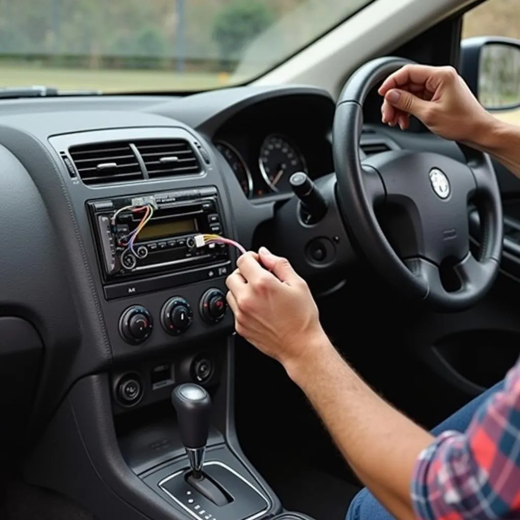 A car dashboard during a car radio head unit installation process