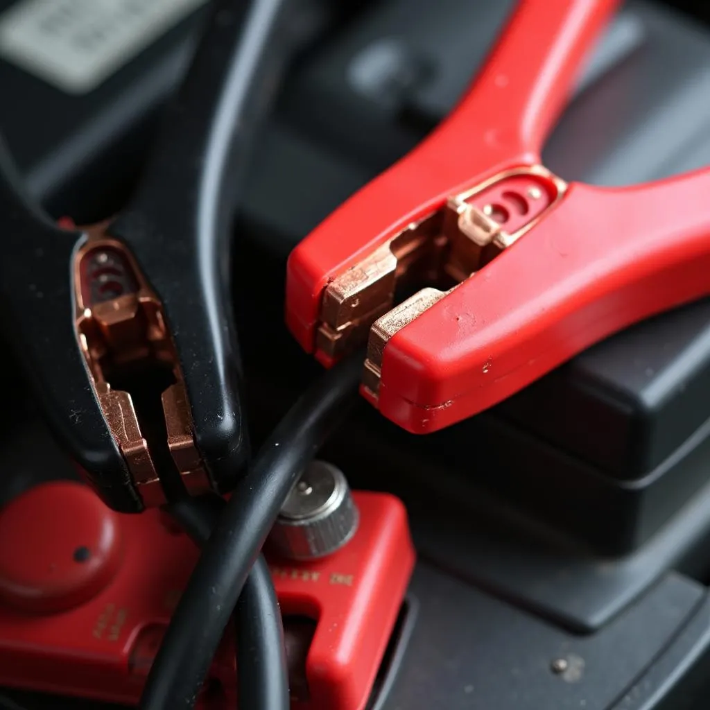 Jumper cables connected to a car battery