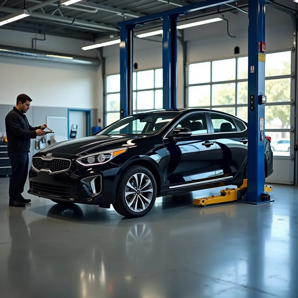 Kia dealership service center with a car on a lift