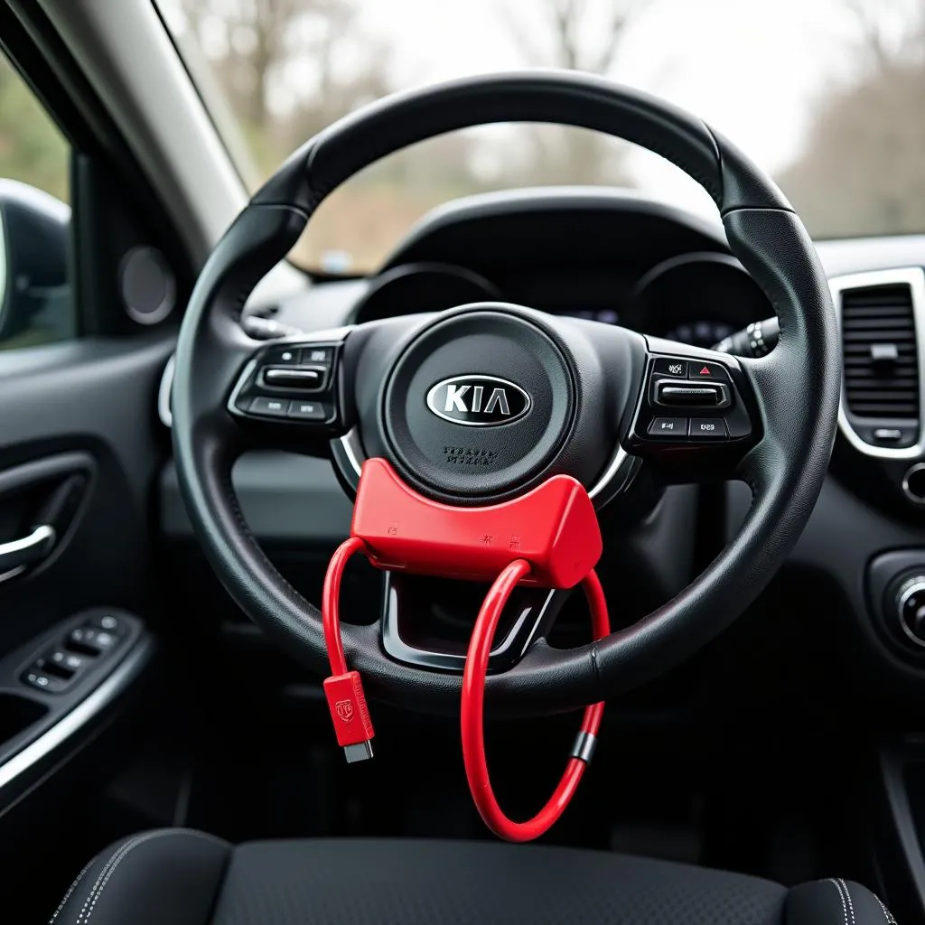 Red steering wheel lock installed on a Kia Sportage