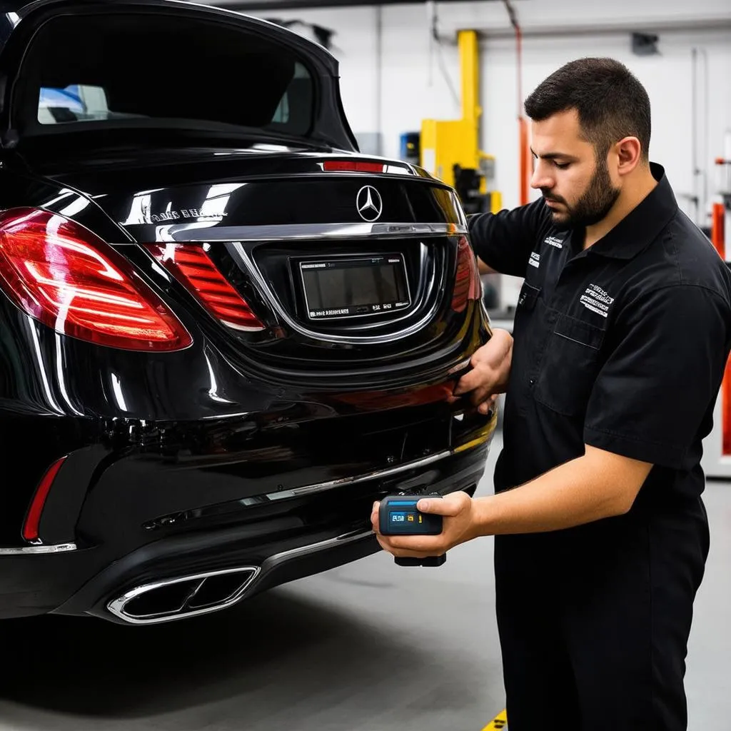 Mercedes mechanic using a ride height measurement tool