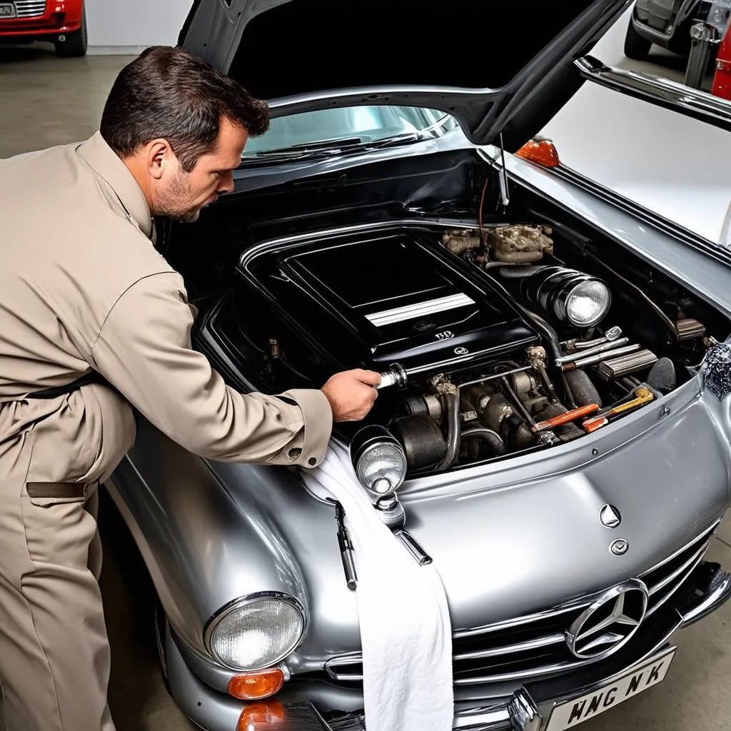  mechanic working on a classic car