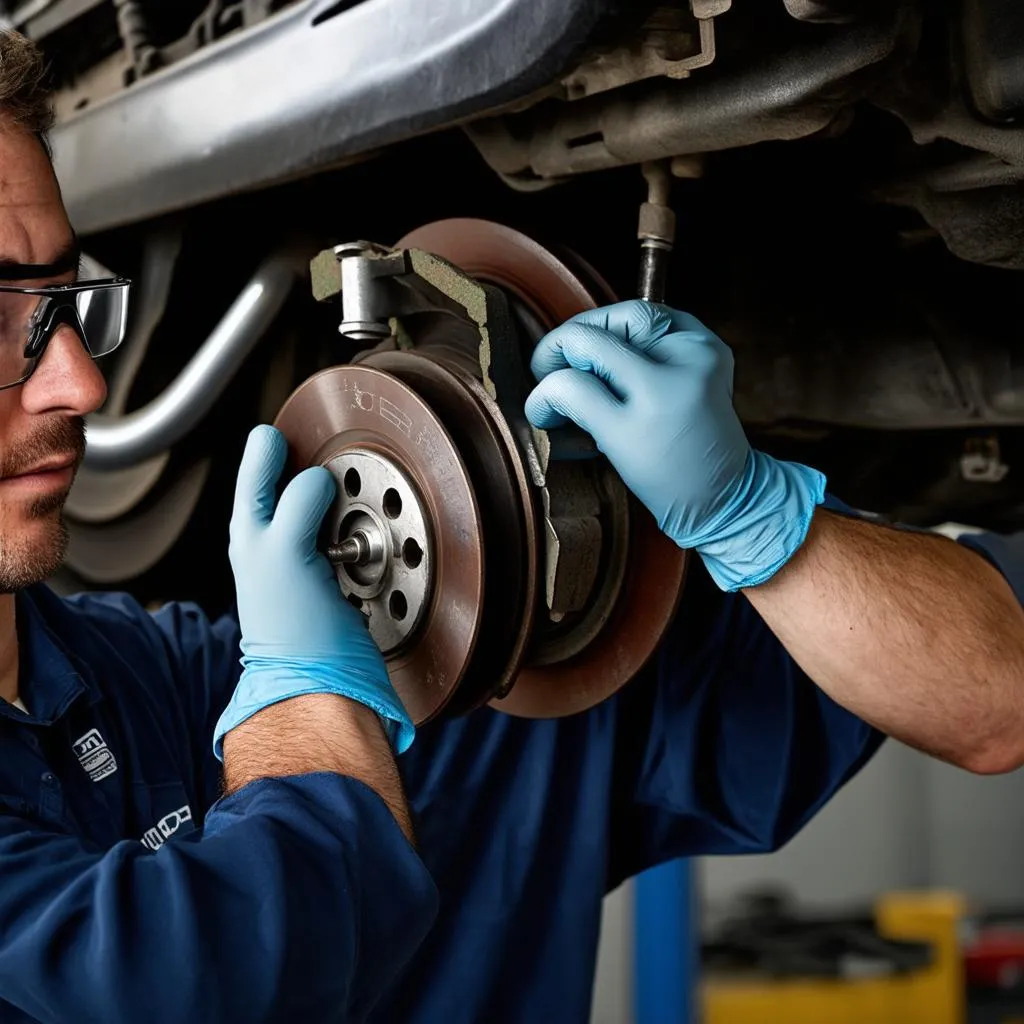 Mechanic replacing brake pads