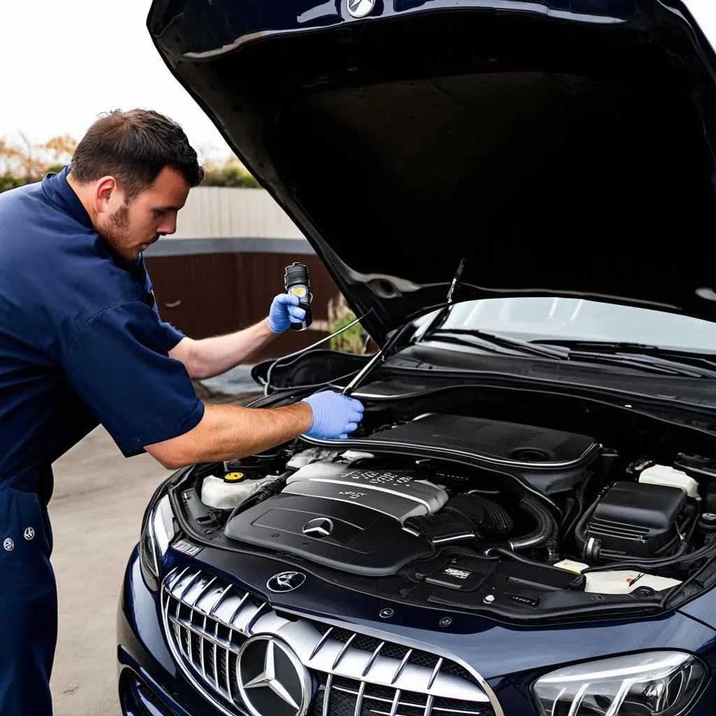 Mechanic Inspecting a Mercedes Engine