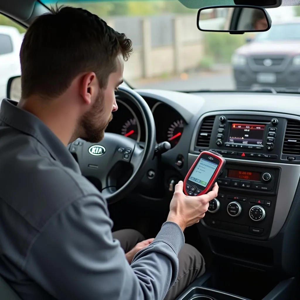 Mechanic using an OBD-II scanner on a Kia Sedona