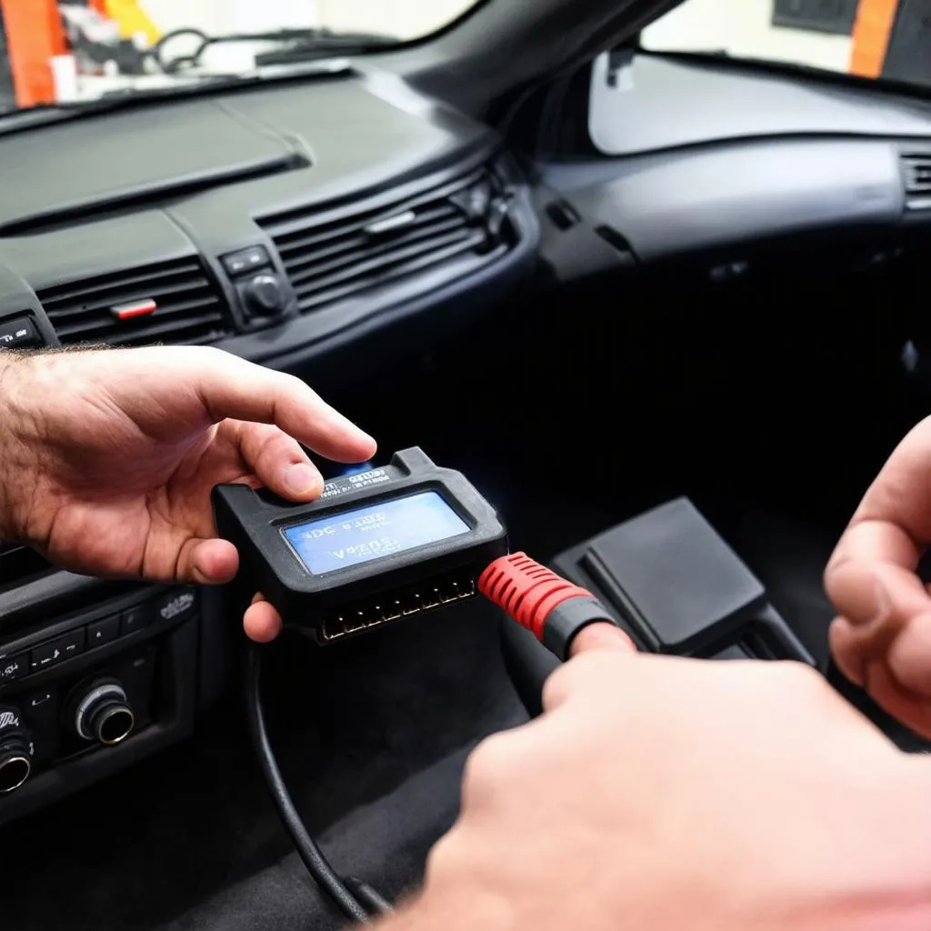 Mechanic connecting VCDS cable to car