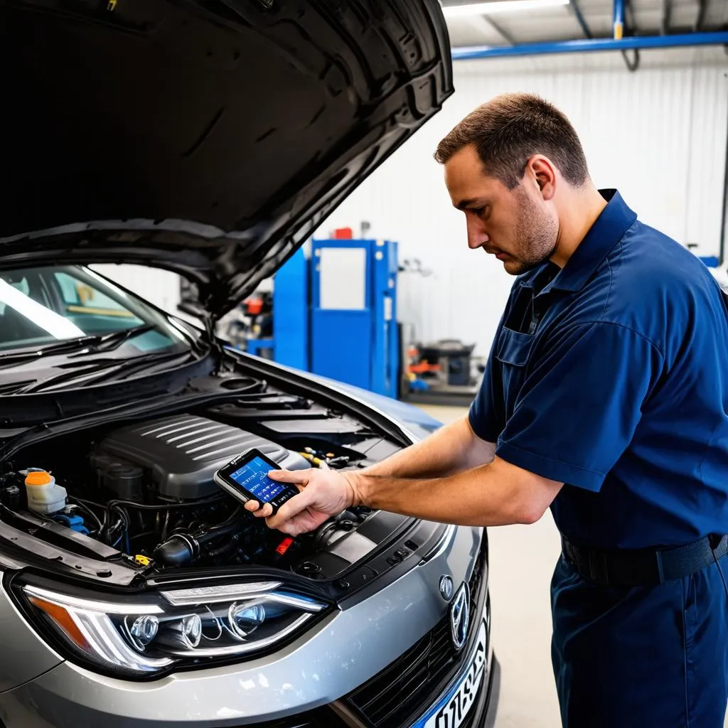 Mechanic Diagnosing Car