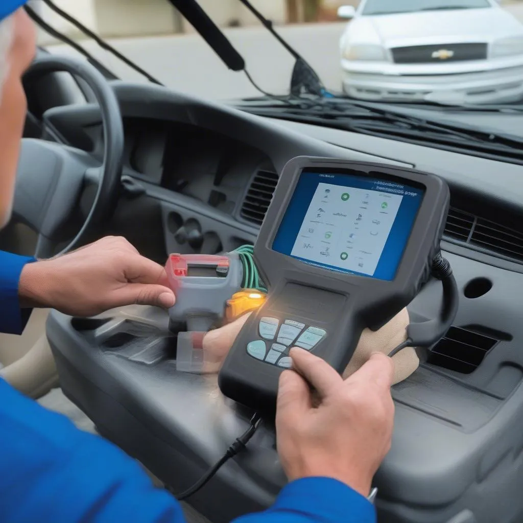 Mechanic Using Diagnostic Tool on a Chevy Malibu