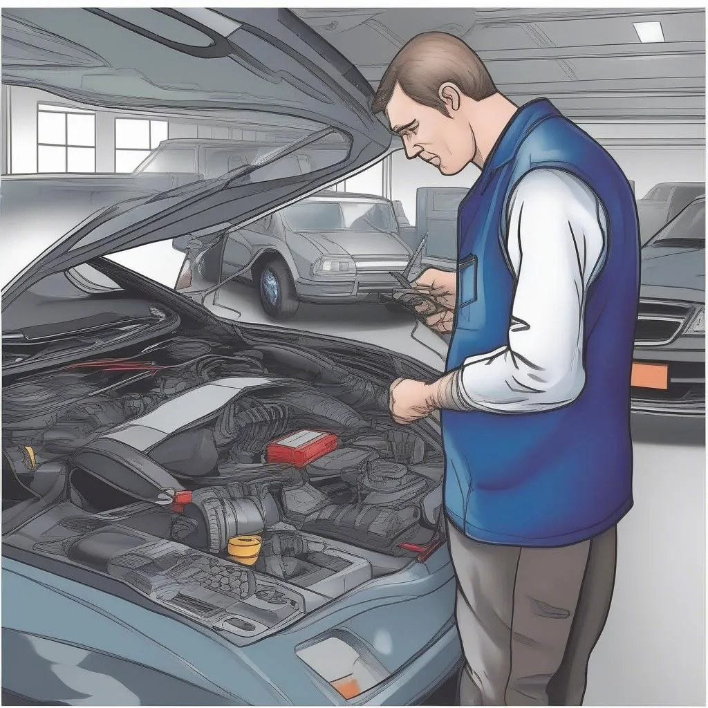 Mechanic using diagnostic tool to troubleshoot car alarm issues in a workshop