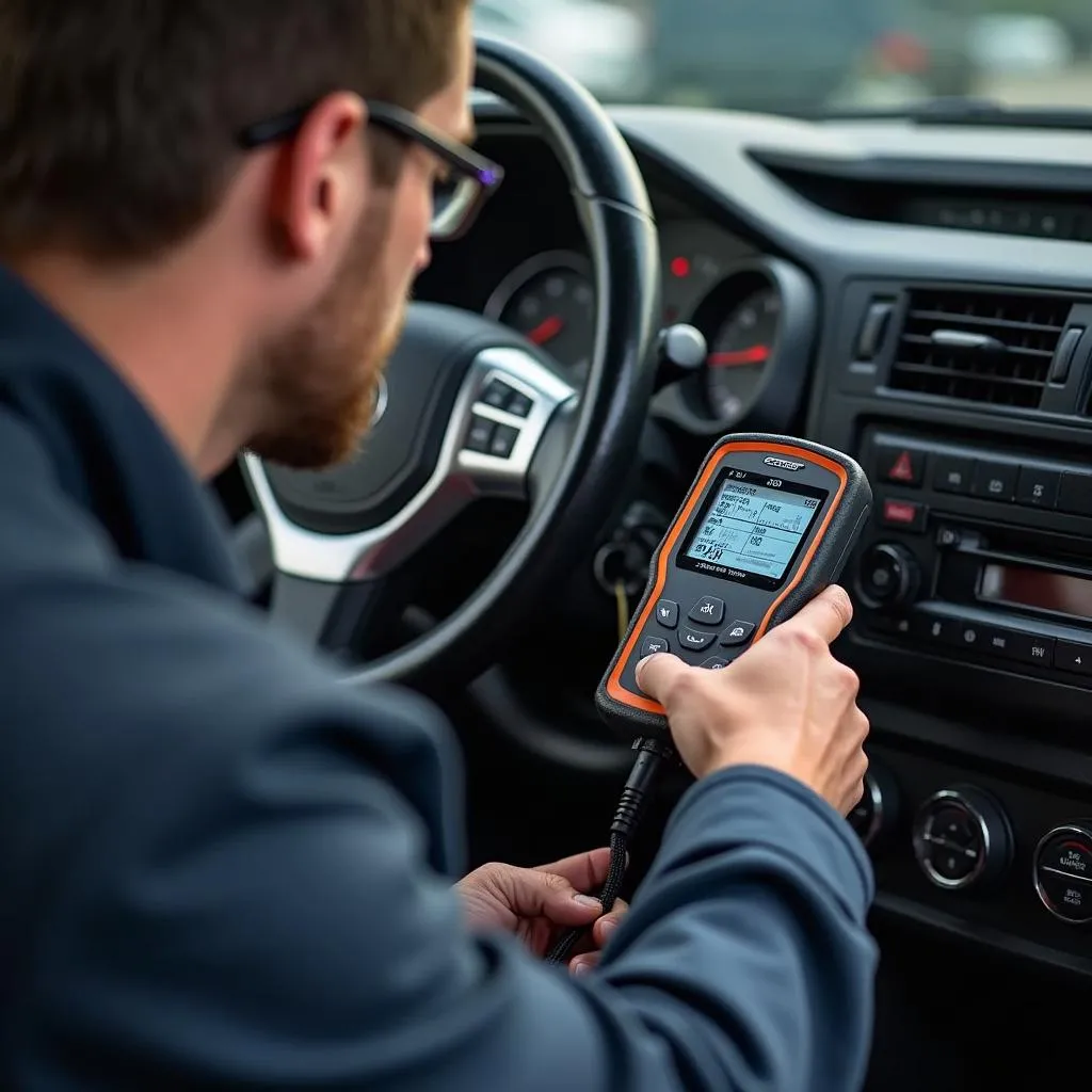 Mechanic Diagnosing Car Anti-theft System with OBD-II Scanner