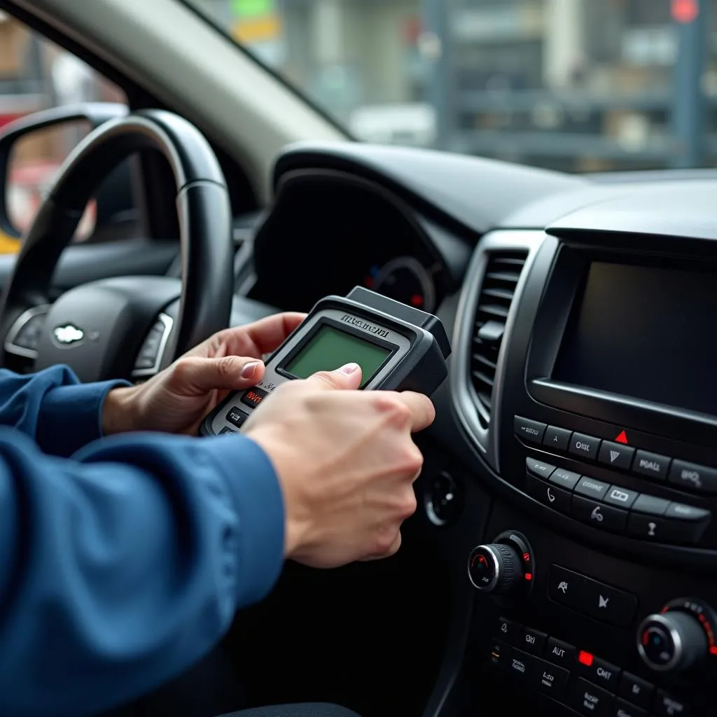 Mechanic using diagnostic tool on car