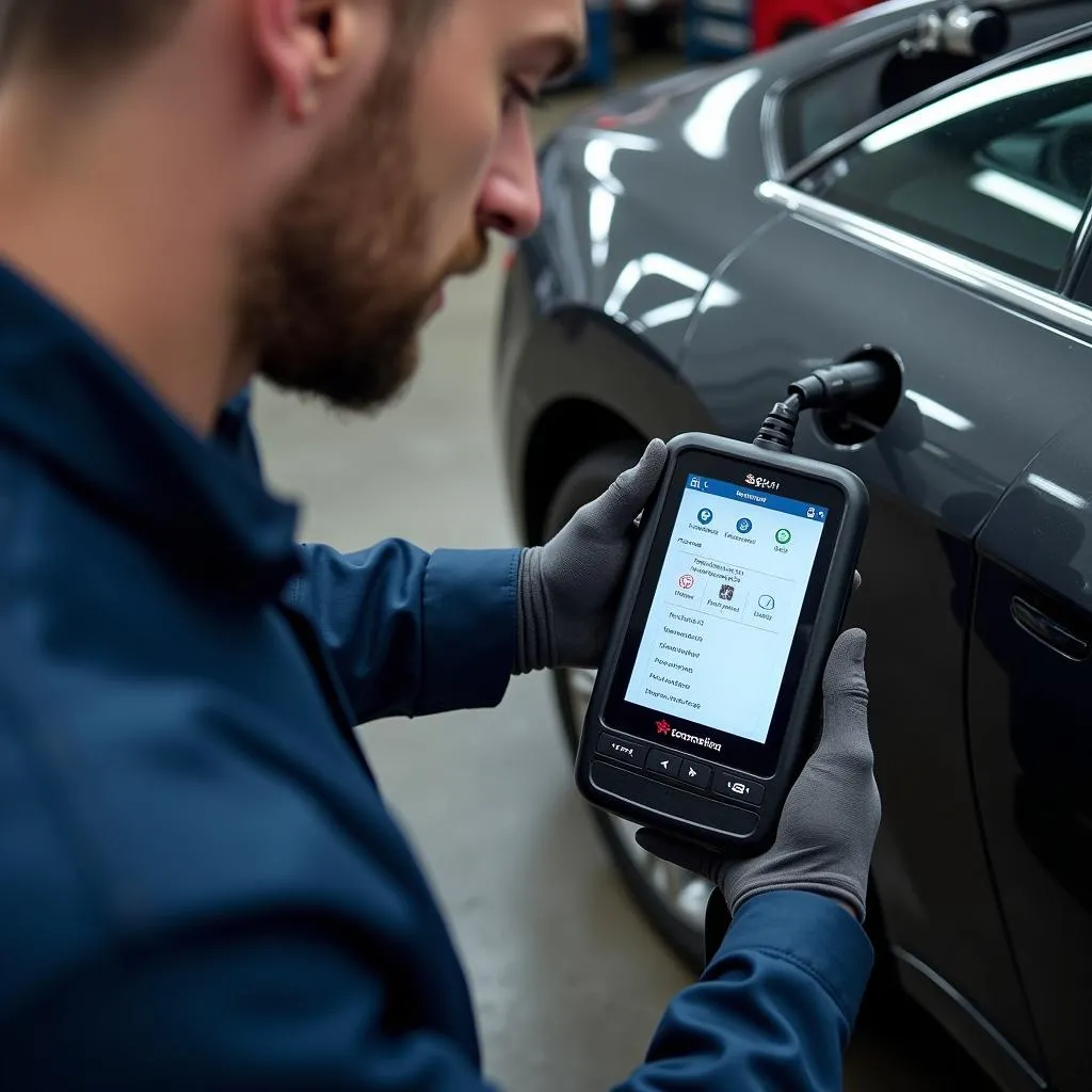 Mechanic using diagnostic tool on car