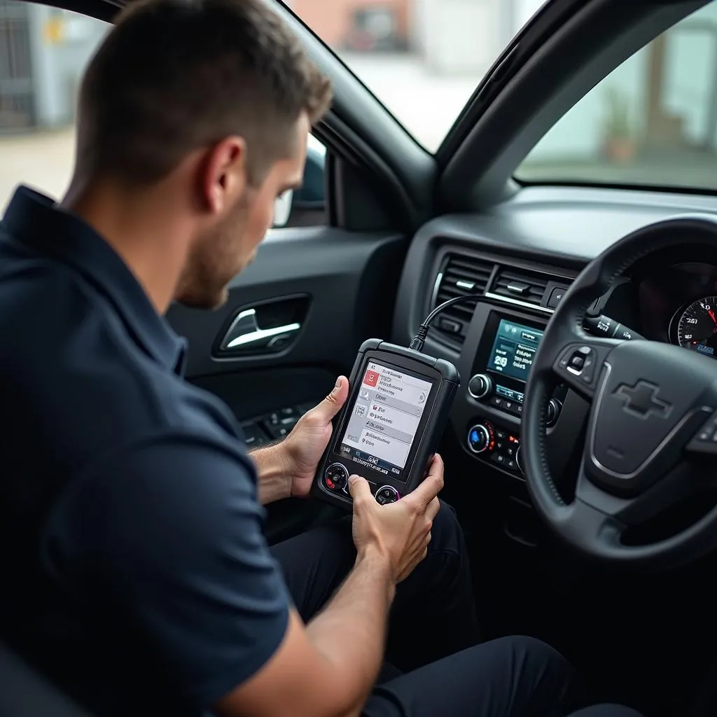 Mechanic using a diagnostic tool on a Chevy Malibu