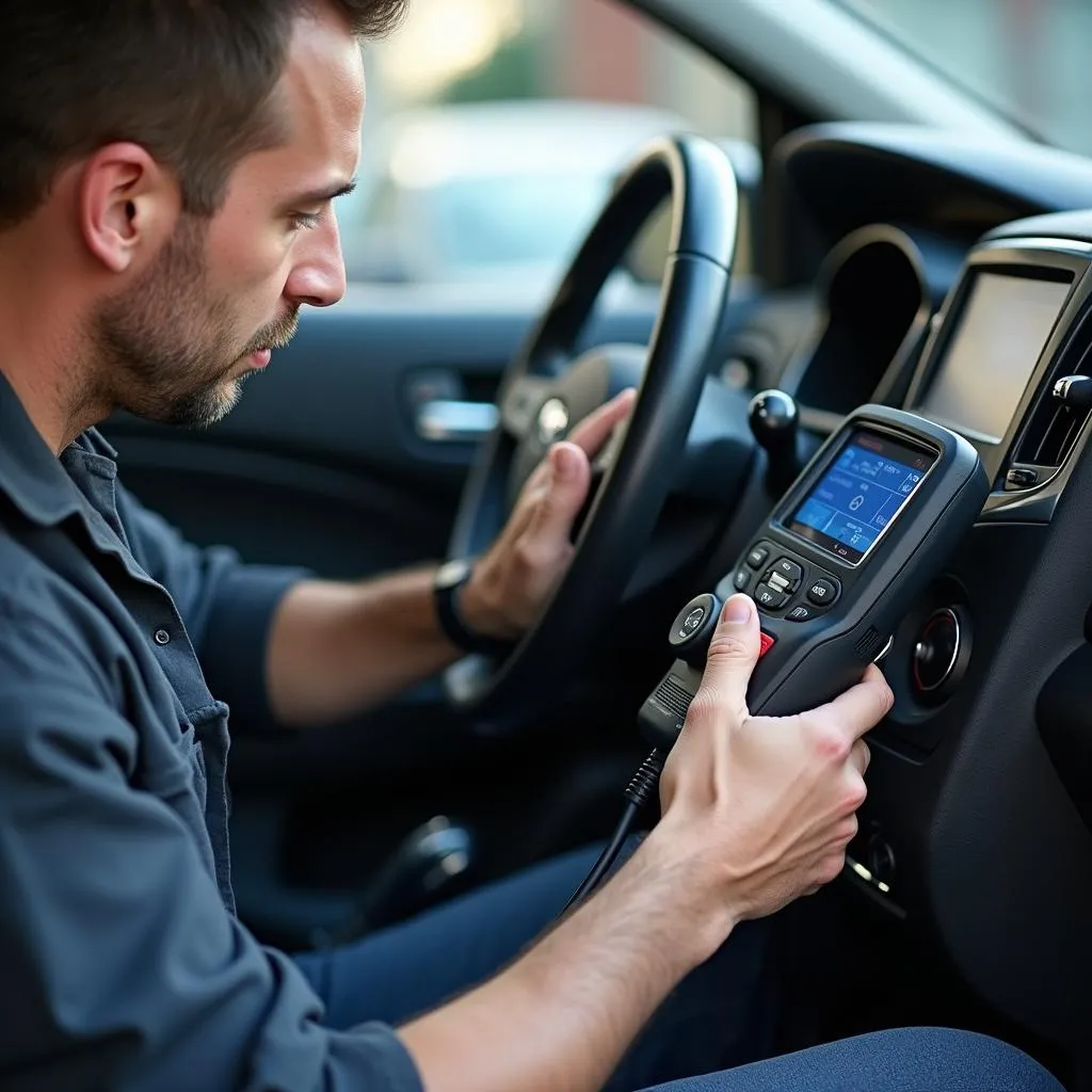 Mechanic using diagnostic equipment to identify a car audio problem